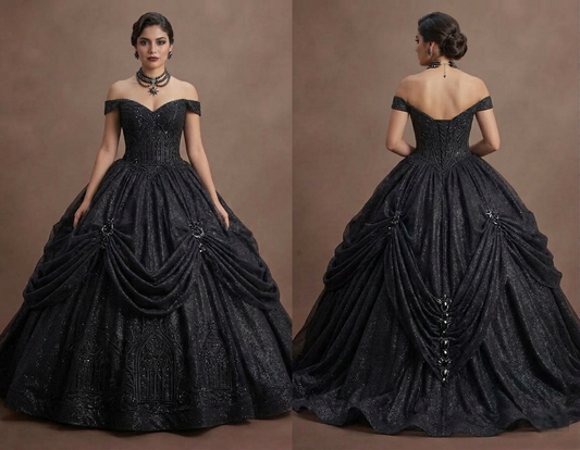 Gothic Prom Dress Black Glitter Tulle Dramatic Night