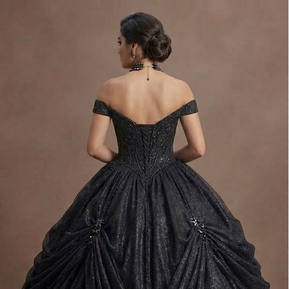 Gothic Prom Dress Black Glitter Tulle Dramatic Night