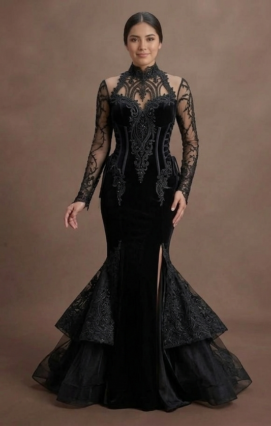 Gothic Prom Dress Black Lace Appliqué Romantic Gothic Prom