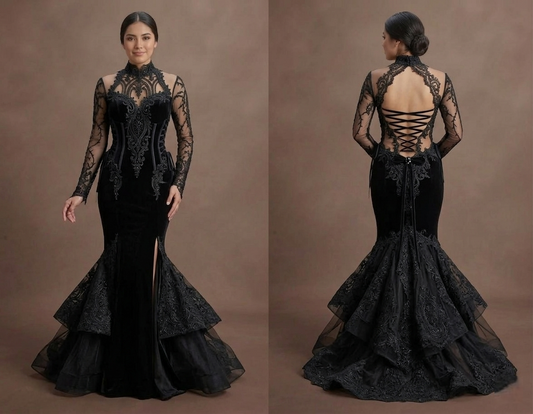Gothic Prom Dress Black Lace Appliqué Romantic Gothic Prom