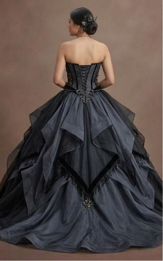 Gothic Prom Dress Black Organza Strapless Formal Prom