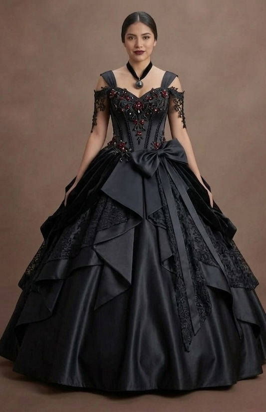 Gothic Prom Dress Black Satin Corset Dark Romance Prom