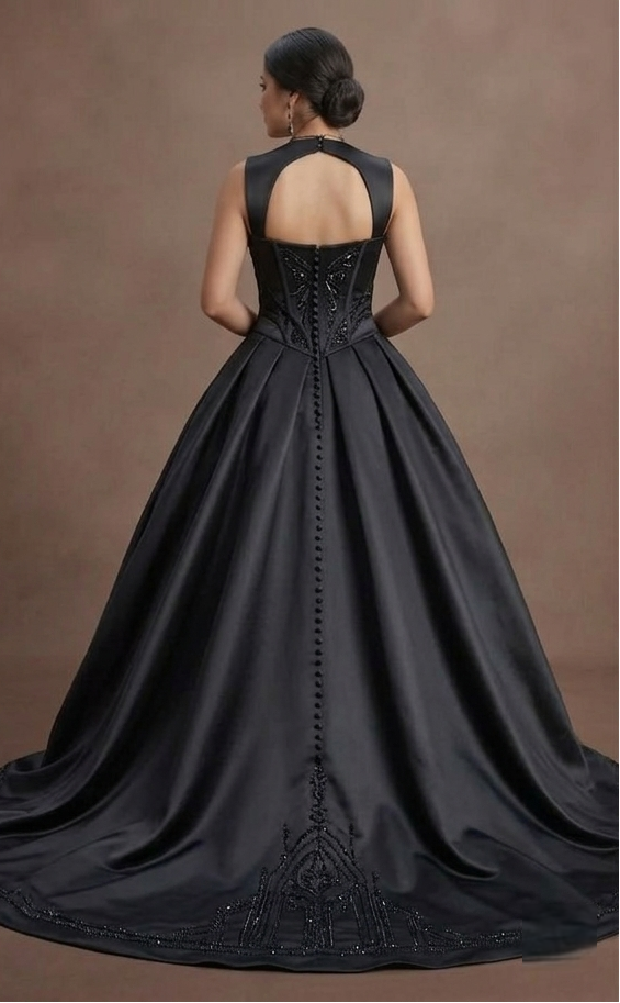 Gothic Prom Dress Black Satin High Slit Glam Prom