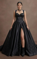 Gothic Prom Dress Black Satin High Slit Glam Prom