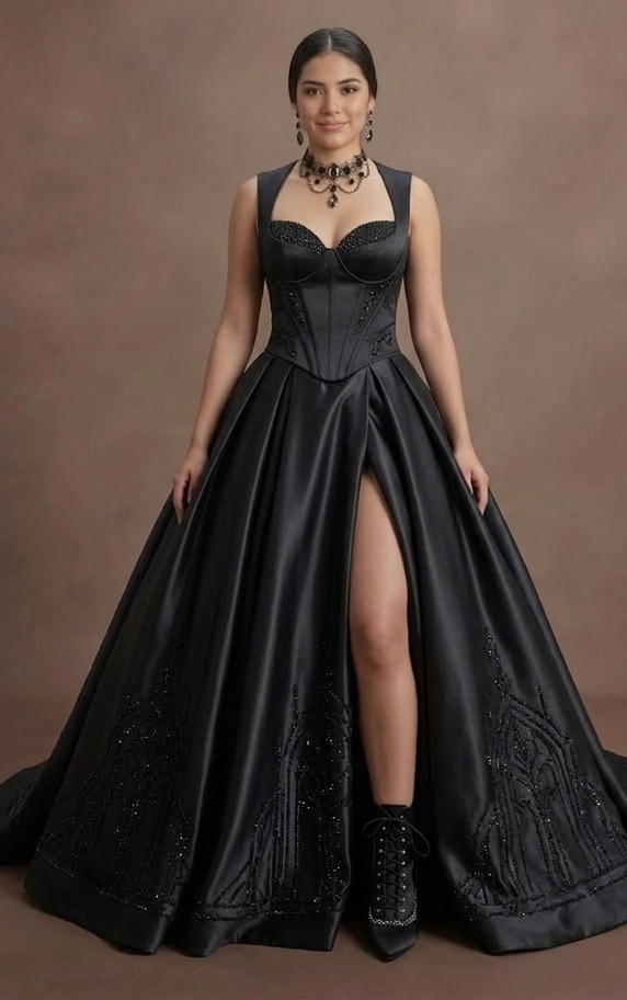 Gothic Prom Dress Black Satin High Slit Glam Prom