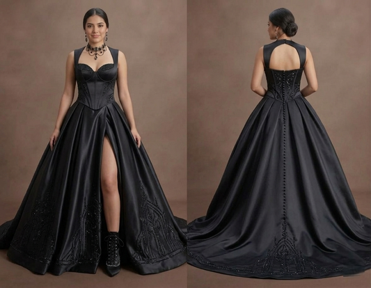 Gothic Prom Dress Black Satin High Slit Glam Prom