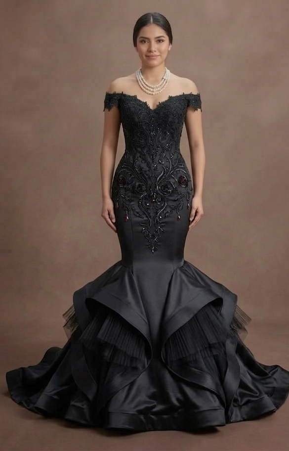 Gothic Prom Dress Black Satin Mermaid Luxury Evening