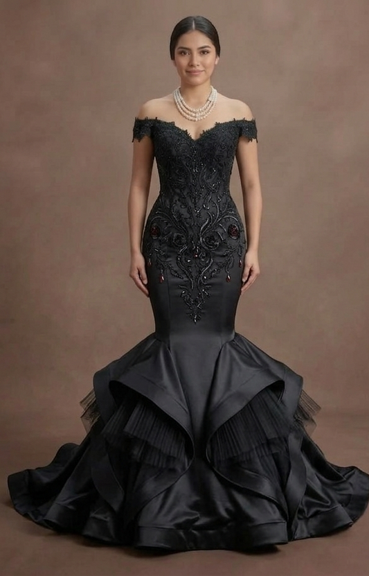 Gothic Prom Dress Black Satin Mermaid Luxury Evening