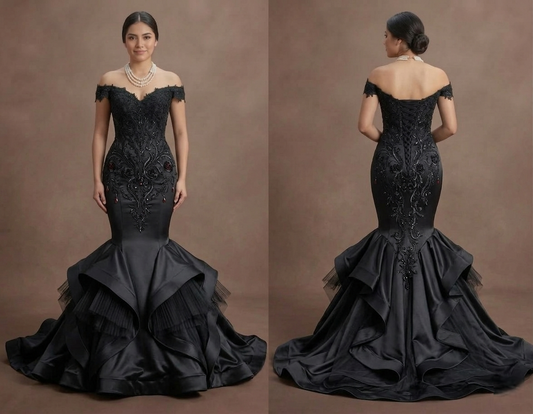 Gothic Prom Dress Black Satin Mermaid Luxury Evening
