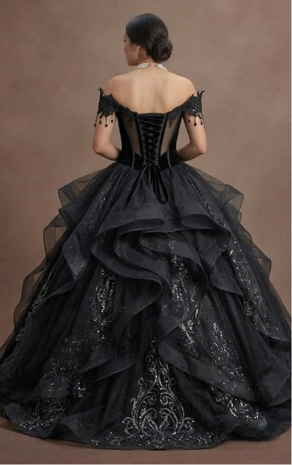 Gothic Prom Dress Black Tulle Ball Gown Dramatic Prom