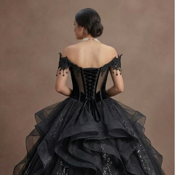 Gothic Prom Dress Black Tulle Ball Gown Dramatic Prom