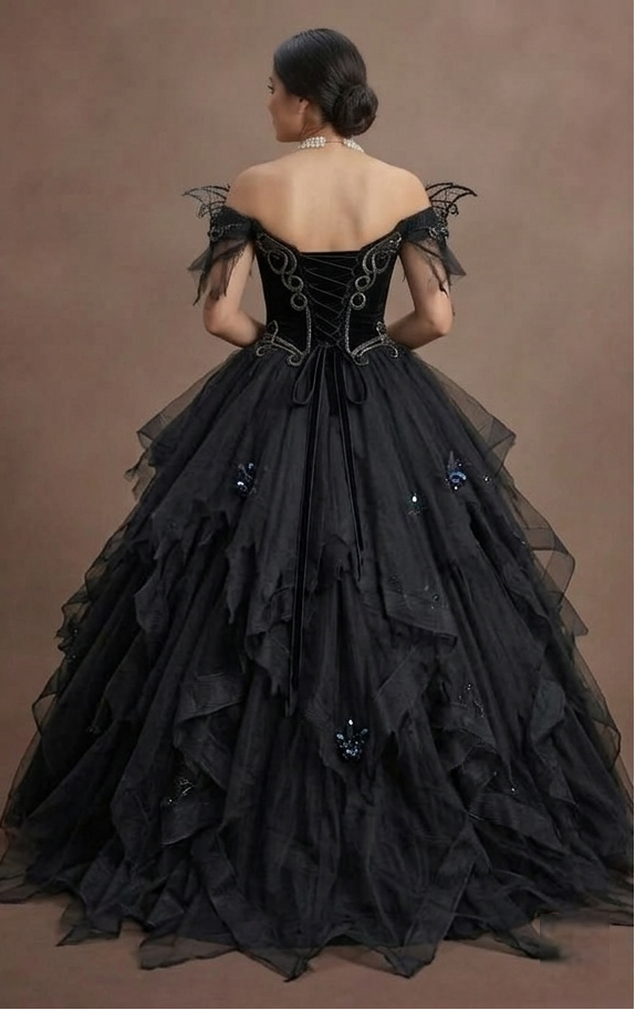 Gothic Prom Dress Black Tulle Layered Fantasy Prom