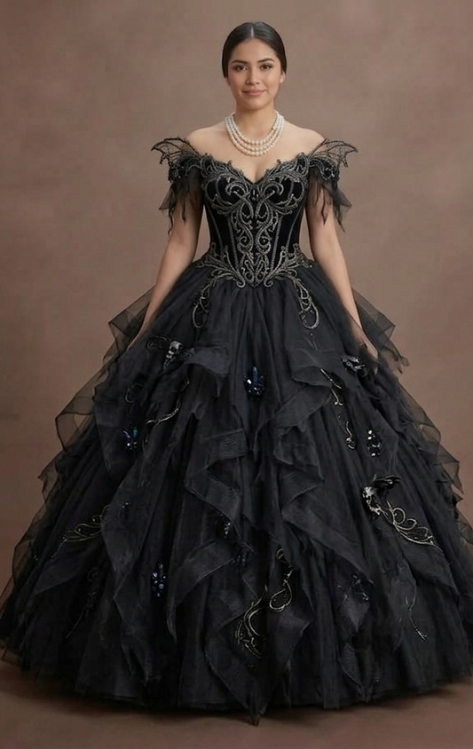 Gothic Prom Dress Black Tulle Layered Fantasy Prom
