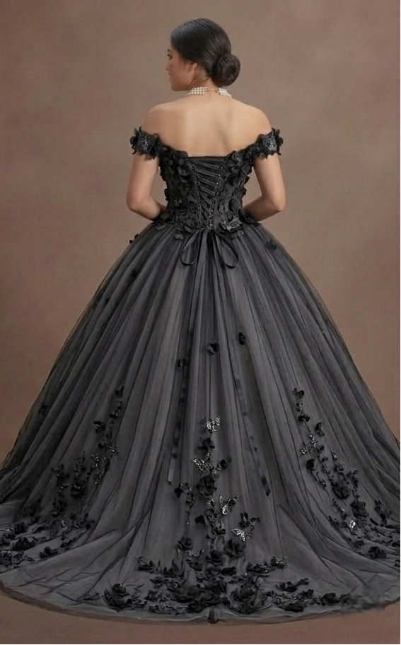 Gothic Prom Dress Black Tulle Off Shoulder Fairytale Night