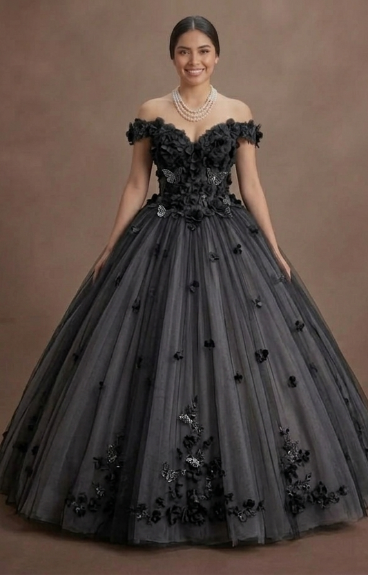 Gothic Prom Dress Black Tulle Off Shoulder Fairytale Night