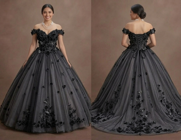 Gothic Prom Dress Black Tulle Off Shoulder Fairytale Night
