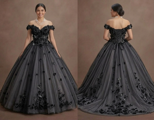 Gothic Prom Dress Black Tulle Off Shoulder Fairytale Night