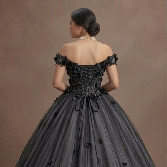 Gothic Prom Dress Black Tulle Off Shoulder Fairytale Night