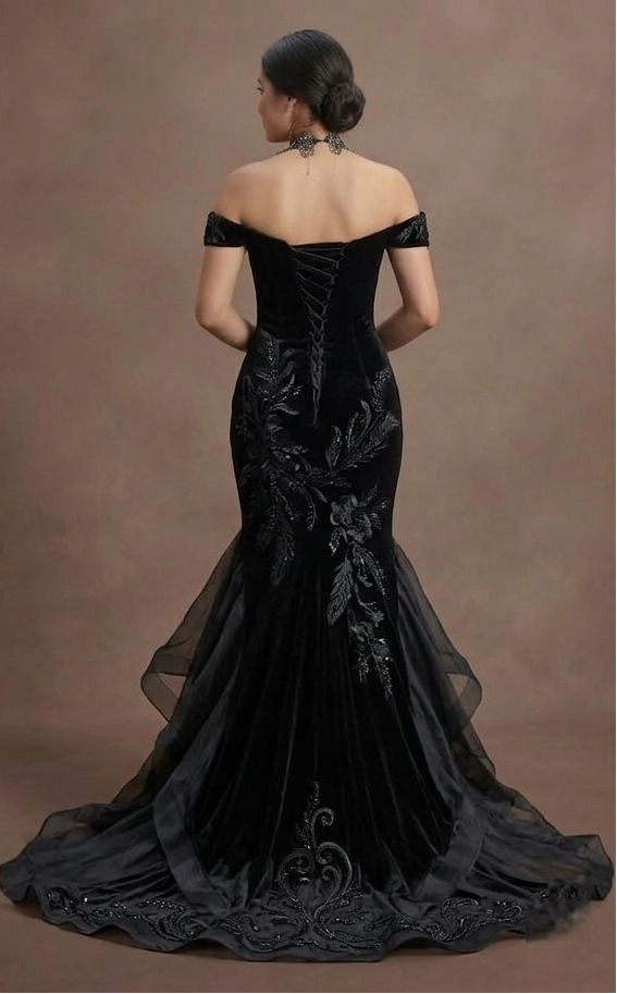 Gothic Prom Dress Black Velvet Fitted Gothic Evening