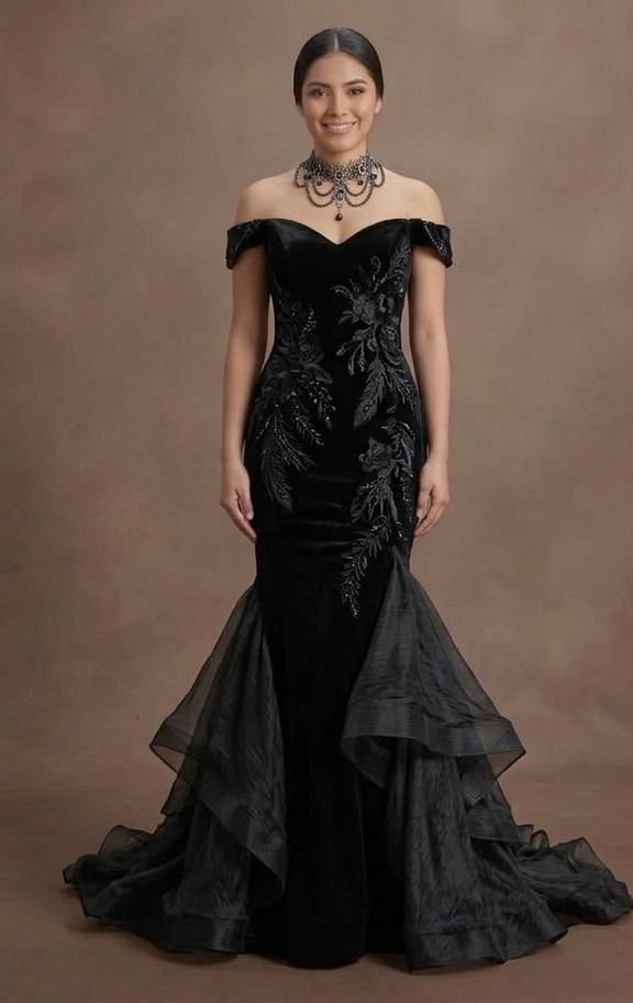 Gothic Prom Dress Black Velvet Fitted Gothic Evening