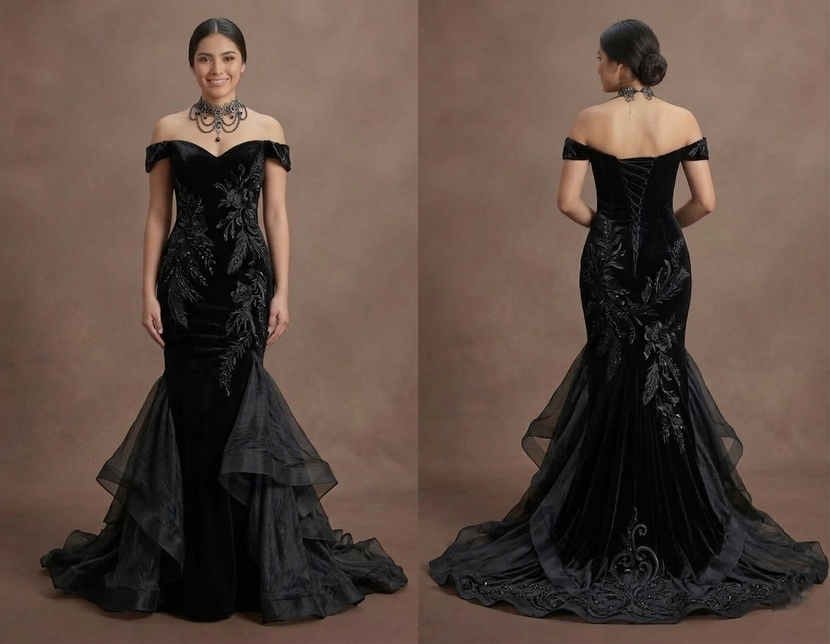 Gothic Prom Dress Black Velvet Fitted Gothic Evening