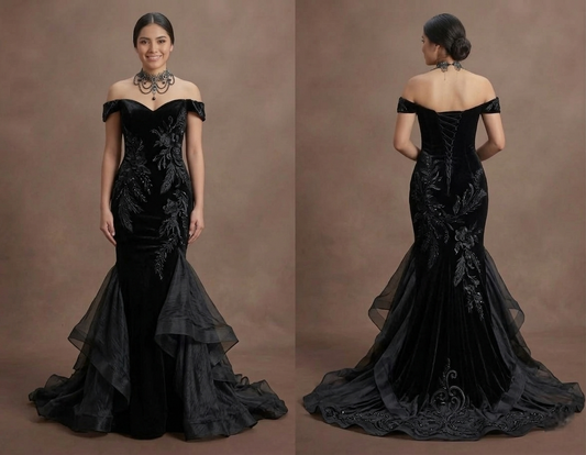 Gothic Prom Dress Black Velvet Fitted Gothic Evening