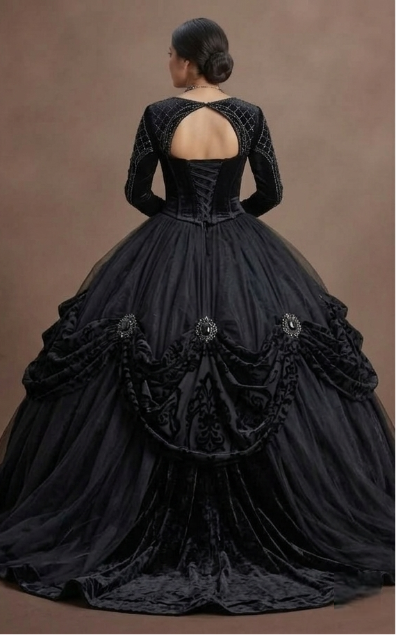 Gothic Prom Dress Black Velvet Long Sleeve Dark Royal Prom