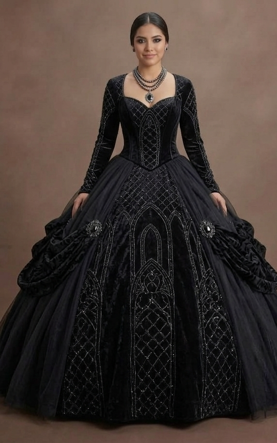 Gothic Prom Dress Black Velvet Long Sleeve Dark Royal Prom