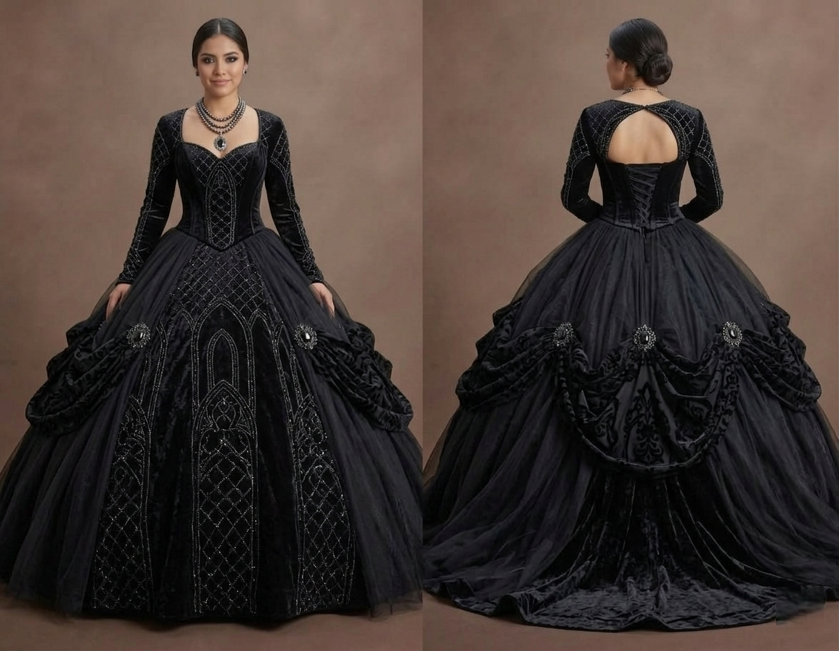 Gothic Prom Dress Black Velvet Long Sleeve Dark Royal Prom
