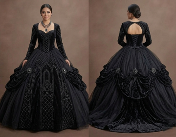 Gothic Prom Dress Black Velvet Long Sleeve Dark Royal Prom
