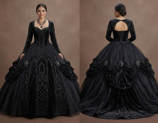 Gothic Prom Dress Black Velvet Long Sleeve Dark Royal Prom