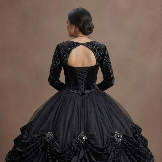 Gothic Prom Dress Black Velvet Long Sleeve Dark Royal Prom
