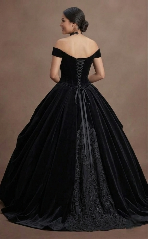 Gothic Prom Dress Black Velvet Off Shoulder Elegant Prom