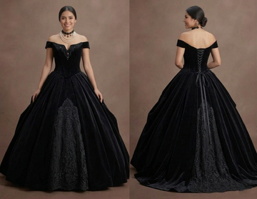 Gothic Prom Dress Black Velvet Off Shoulder Elegant Prom
