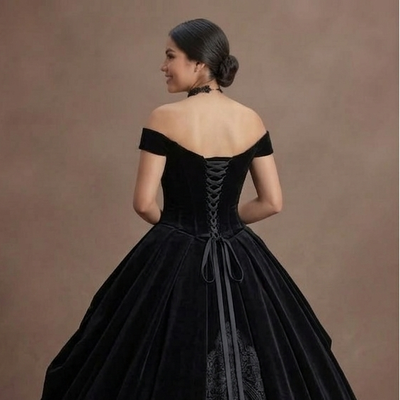 Gothic Prom Dress Black Velvet Off Shoulder Elegant Prom