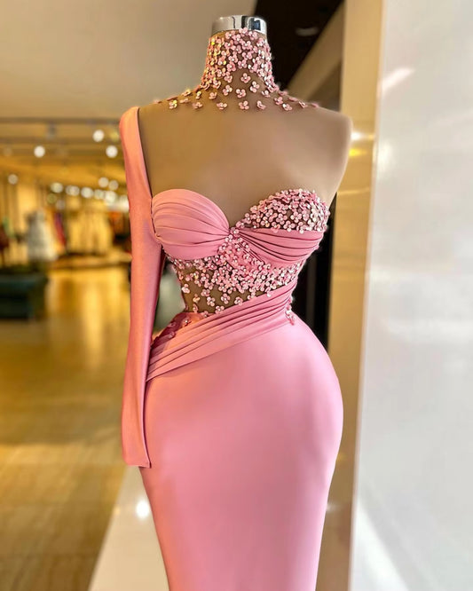 Pink Mermaid Prom Dresses Soft Satin Sequin Long Sleeves Formal Evening Party Gowns High Neck Dubai Women Prom Gowns