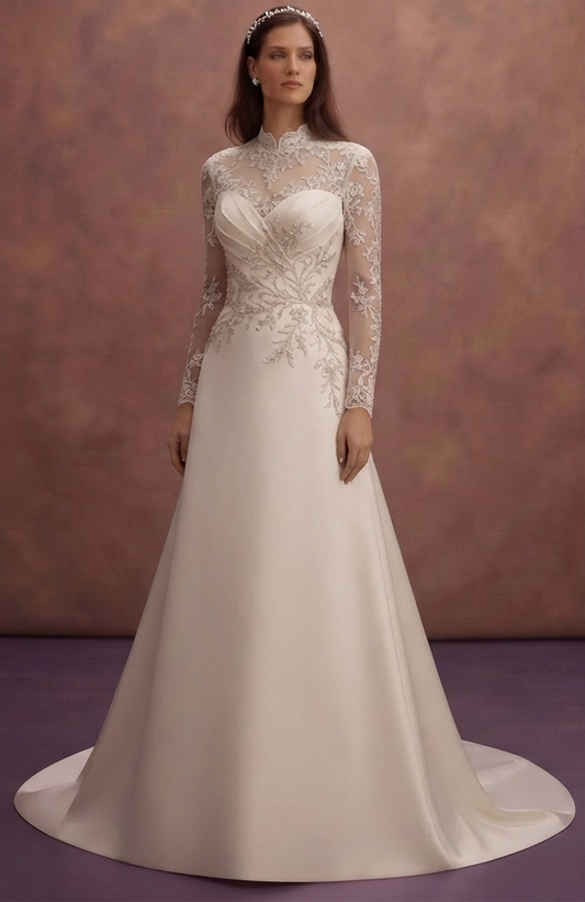 Graceful Satin Bridal Gowns with Long Trains
