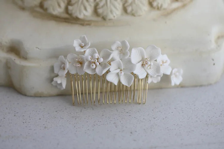 Bridal Jewelry Porcelain Flower Headband Head Pieces Gold Silver Color Vintage Hair Comb Hairpin Brides Wedding Accessories