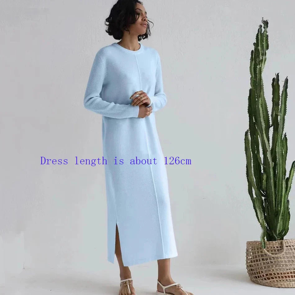2024 Casual Midi Knit Dress Women's O-neck Long Sleeve Split Straight Dresses 2023 Autumn Pure Color Knit Vestidos