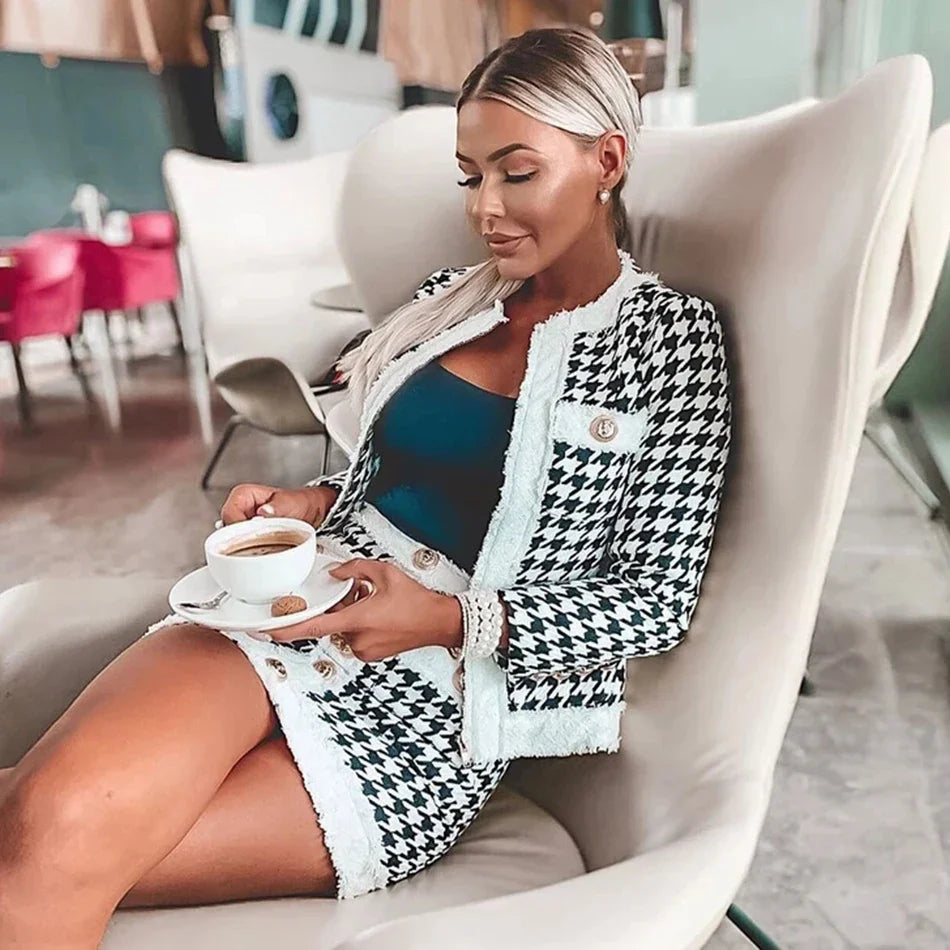 Autumn Women'S Houndstooth Tweed 2 Piece Sets Of Sexy Long-Sleeved Round Neck Button Coat + Short Pencil Skirt Party Suits