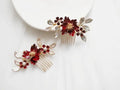 Leaf Hairpin Red Flower Hair Comb Clips Brides Bridesmaids Gold Color Head Pieces Headdress Wedding Accessories Bridal Jewelry b