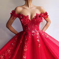 Customized Red Off The Shoulder Prom Dresses Women Formal Party Night Vestidos A-Line Appliques Sequins Tulle Evening Gowns