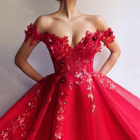 Customized Red Off The Shoulder Prom Dresses Women Formal Party Night Vestidos A-Line Appliques Sequins Tulle Evening Gowns