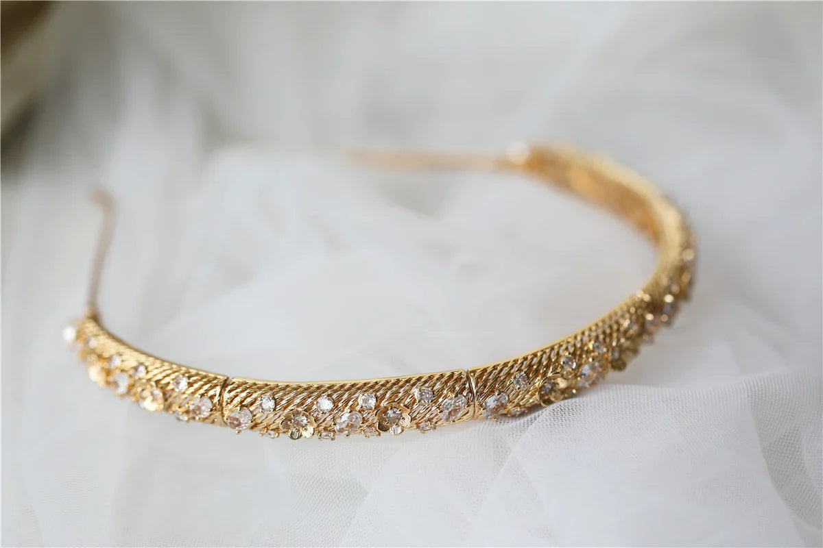 Vintage Gold Color Headpieces Crown Zirconia Headbands Hairbands For Bride Flower Tiaras Bridal Hair Jewelry Wedding Accessories