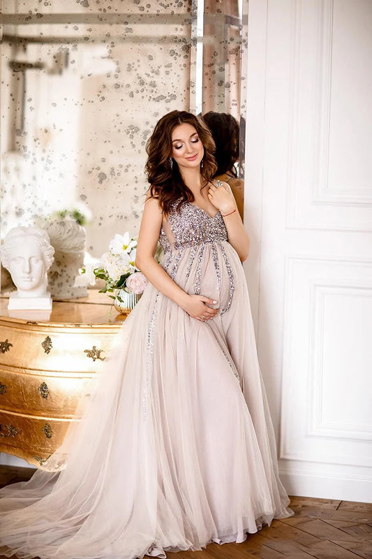 Sparkly Sequines Empire Maternity Evening Dress V-Neck Tulle Pregnant Woman Gowns Sleeveless Sweep Train Prom Dresses