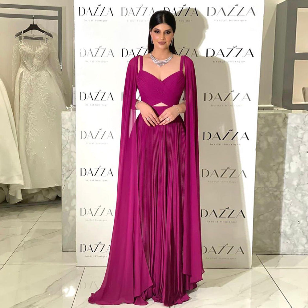 A Line Chiffon Formal Evening Dresses Saudi Arabic Long Cape Sleeves Spaghetti Strap Women Prom Gowns Party Dress