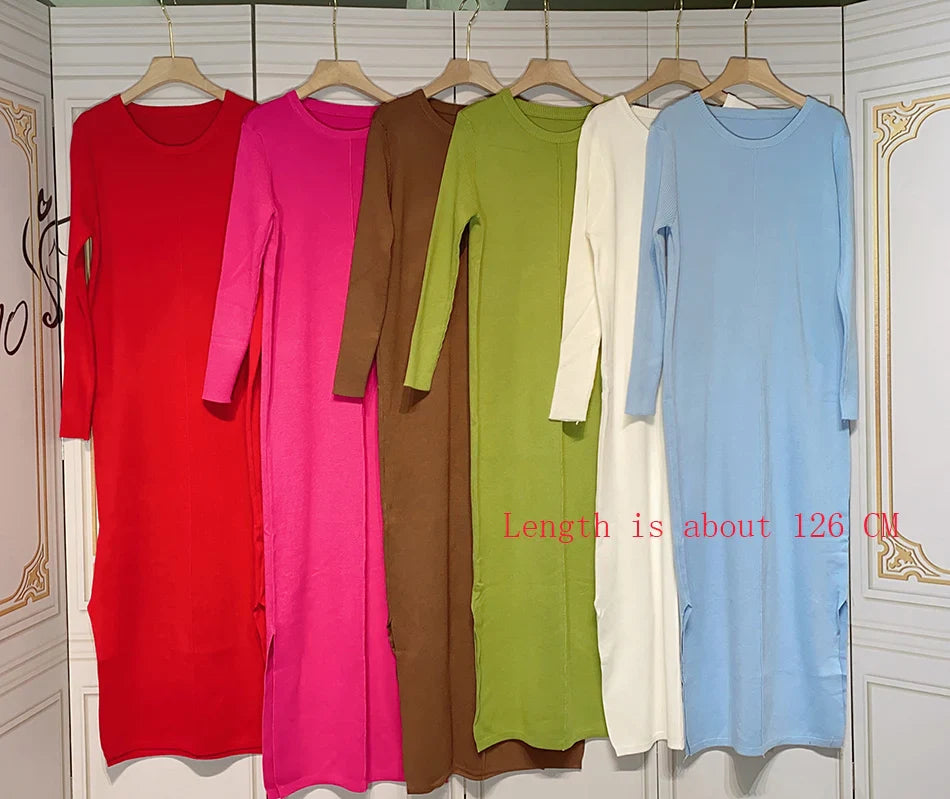 2024 Casual Midi Knit Dress Women's O-neck Long Sleeve Split Straight Dresses 2023 Autumn Pure Color Knit Vestidos