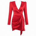 Sexy Red Satin Dress Women's Deep V Neck Puff Sleeve Bodycon Draped Dress Club Night Party Mini Vestidos