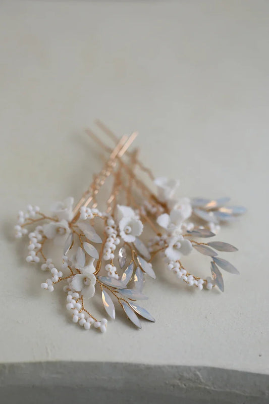 Porcelain Flower Hair Pins Clips Opal Head Pieces Gold Silver Color Hairpins For Brides Women Bridal Jewelry Wedding Accessories