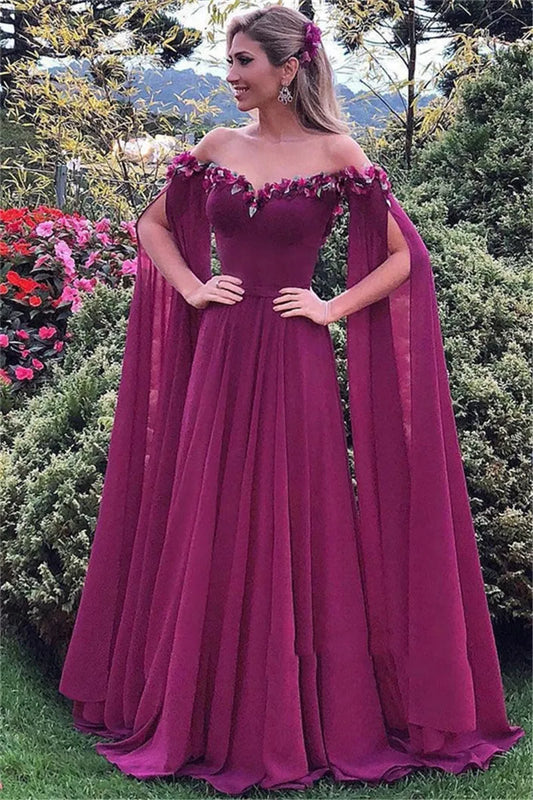 Off the Shoulder 3D Flowers Long Prom Dresses Chiffon Special Occasion Party Gowns vestidos de fiesta As Picture